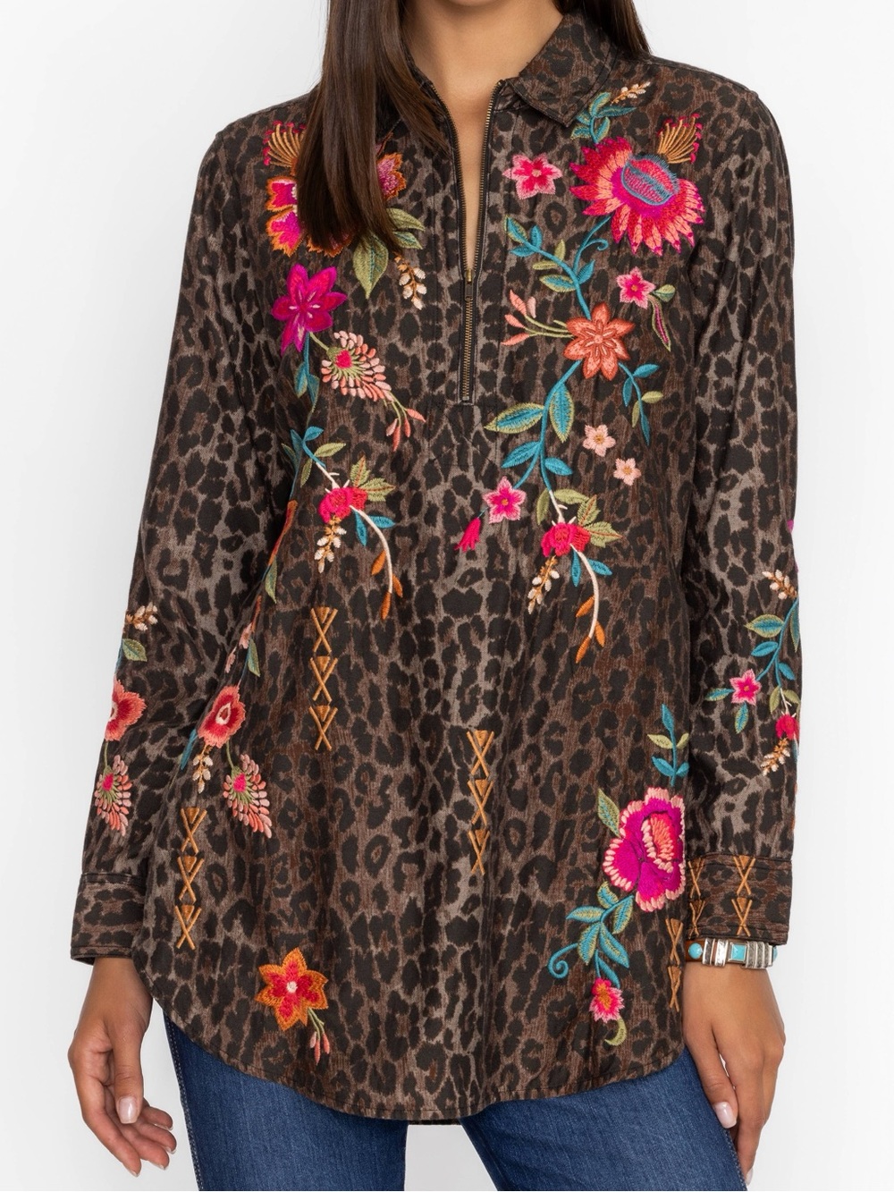 Johnny Was Nylah Zip Up Long Sleeve Leopard Print Embroidered Tunic Top Size 1X